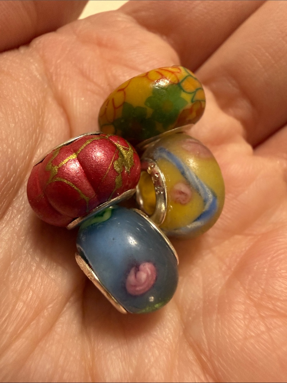 Sterling silver 925 Multicolored Glass Charm Beads Set of 4